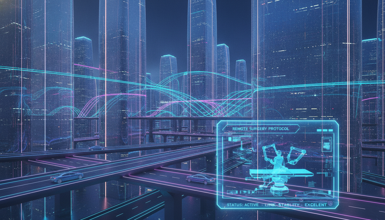 A futuristic city skyline at night, with glowing lines of light illustrating the flow of 5G data between buildings, cars, and a holographic medical interface.