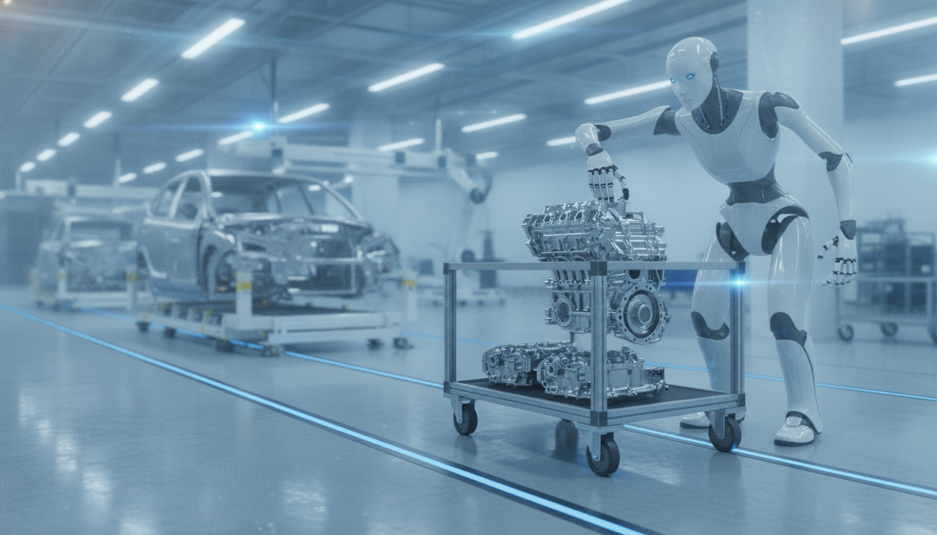 A Figure 03 humanoid robot working on a BMW factory floor, sorting car parts for the assembly line.