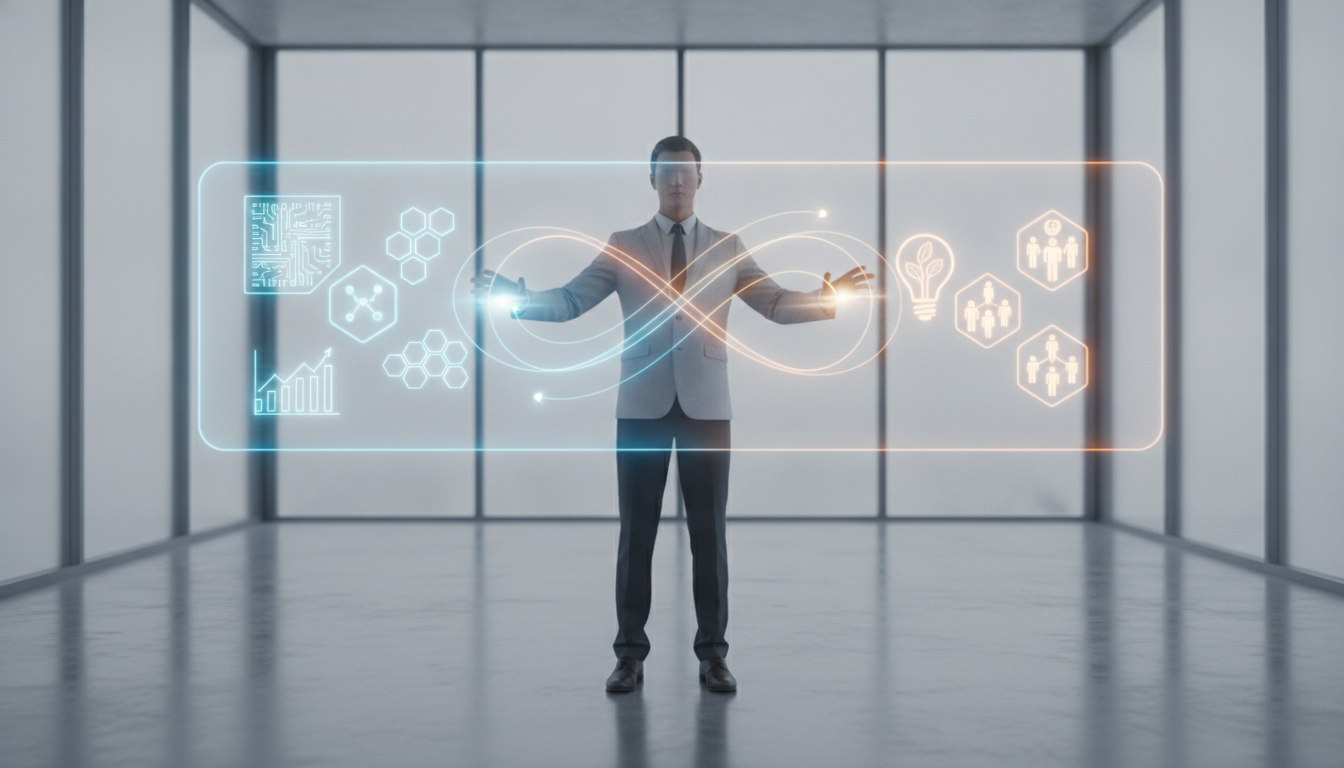 A manager's guide to AI automation vs human jobs, showing a balanced workflow between AI bots and human workers.