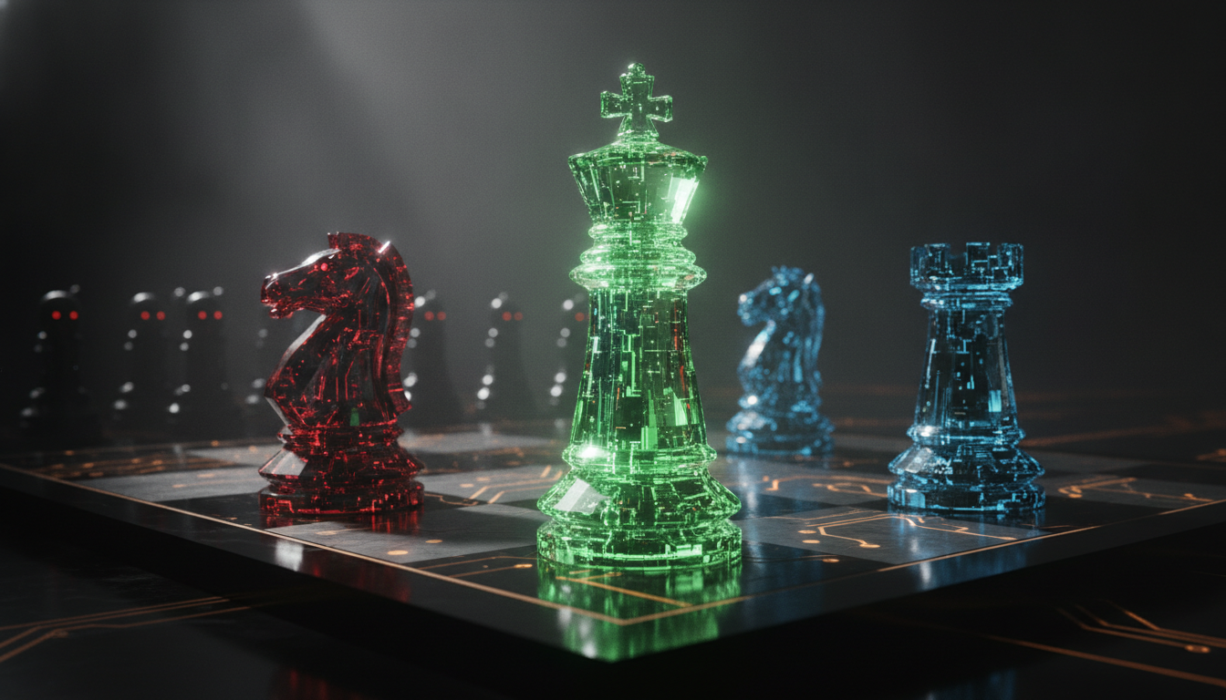 An illustration of the AI chip war explained, showing a green Nvidia king piece on a chessboard challenged by a red AMD knight and other rival pieces.