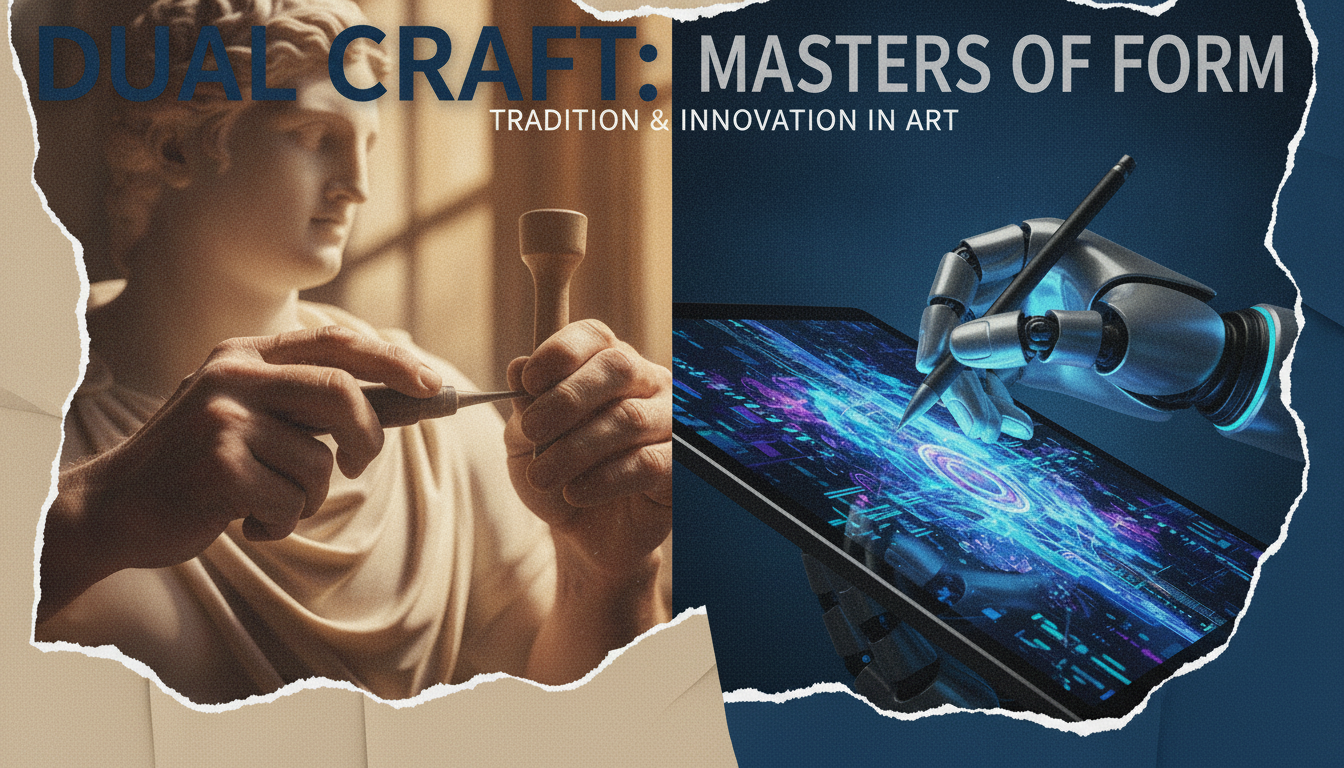 A split image contrasting human and AI creativity, with a sculptor's hand on one side and a robotic hand creating digital art on the other.