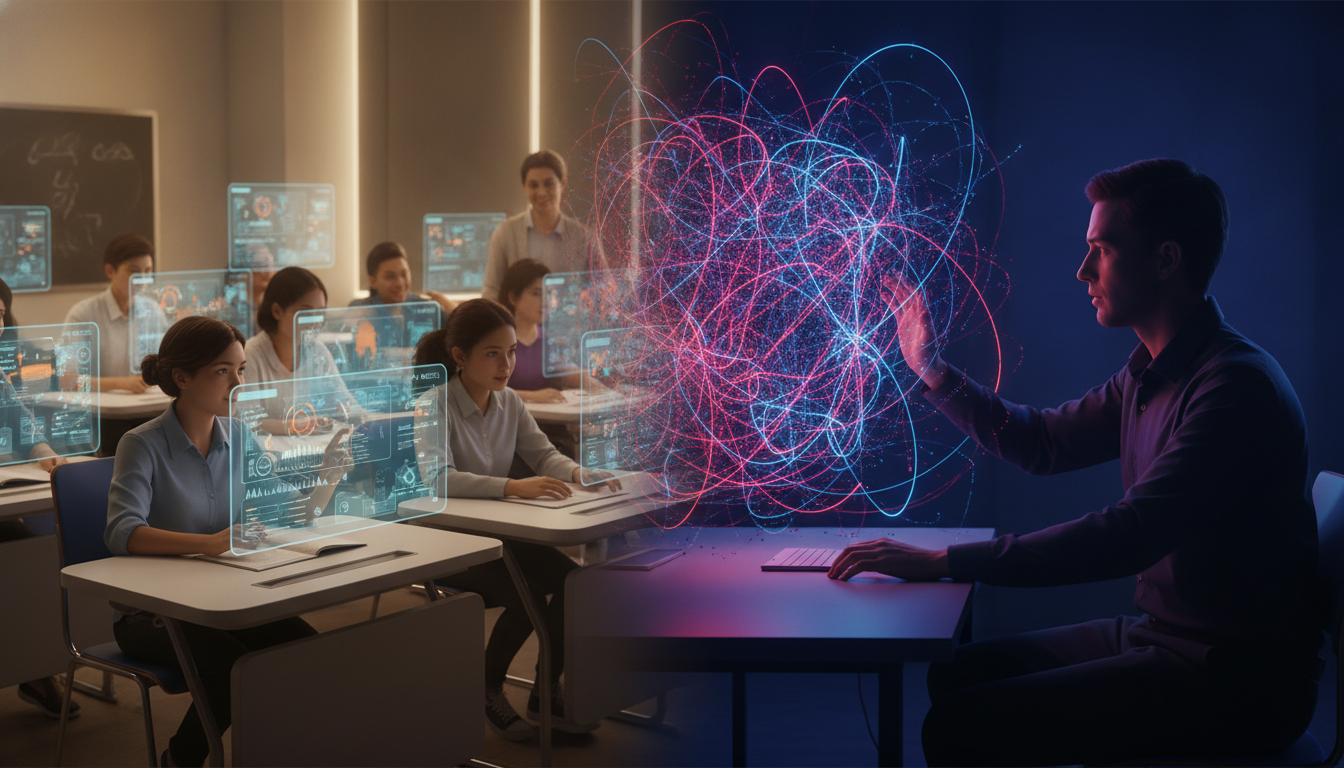 An illustration depicting AI in education, with students using advanced personalized learning tools while a teacher contemplates the challenges of academic integrity.