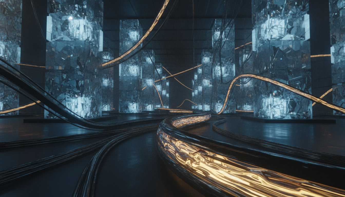 An abstract rendering of a futuristic data center hall representing the boom in AI infrastructure investment, with glowing cables symbolizing the flow of capital.