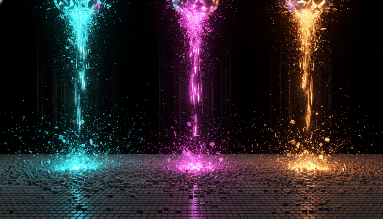 An abstract hero image representing the AI price war, with three large, colored crystals symbolizing major tech companies shattering and raining light onto a field of smaller blocks below.