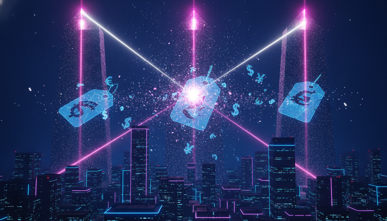 An abstract illustration of the AI price war, showing three monoliths representing major tech companies slashing through holographic price tags.