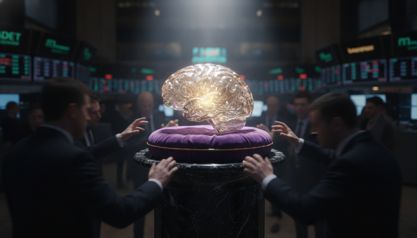 A glowing glass brain sculpture representing the Anthropic IPO being presented on a stock exchange floor, symbolizing a trillion-dollar valuation.