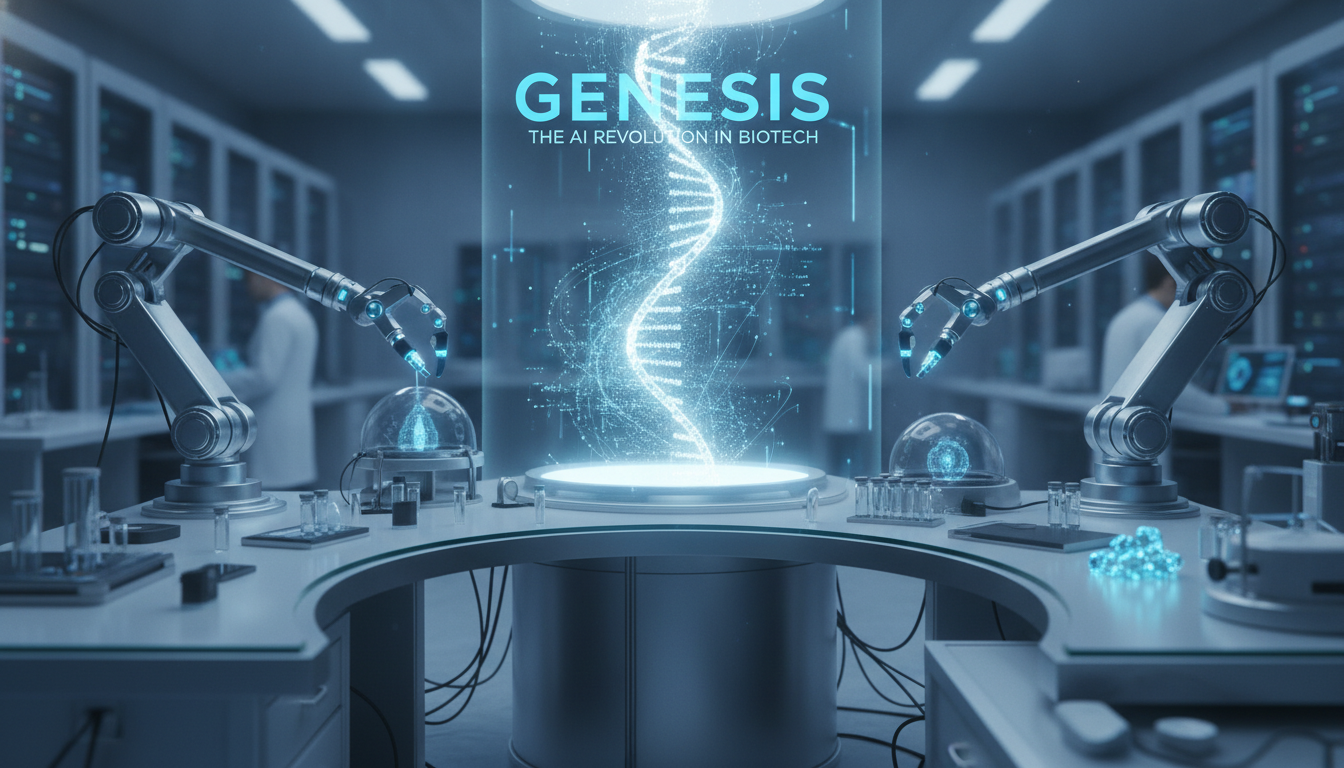 A futuristic AI-powered scientific workbench, with a glowing holographic display showing molecular data, representing Anthropic's Claude Science platform.