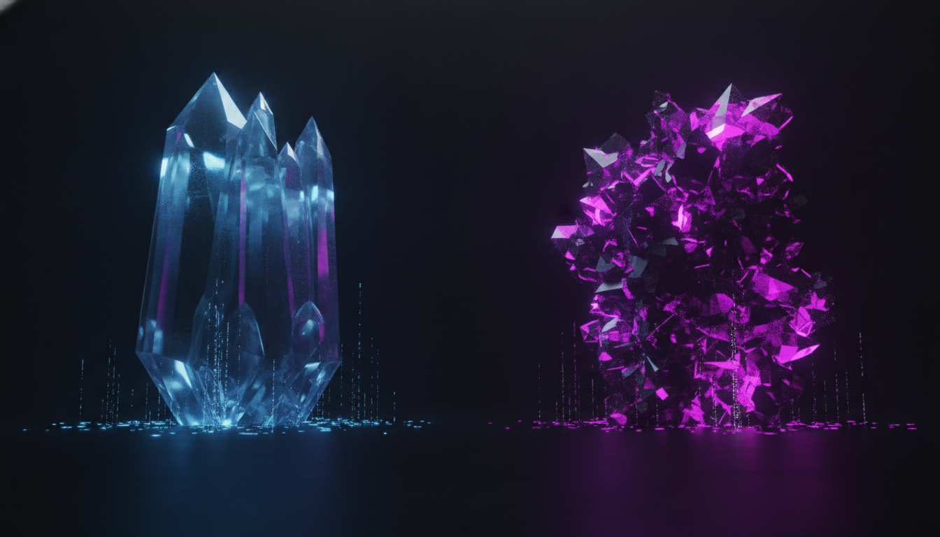 An abstract hero image representing the soaring Anthropic valuation, showing two massive crystalline structures with one slightly eclipsing the other in height.