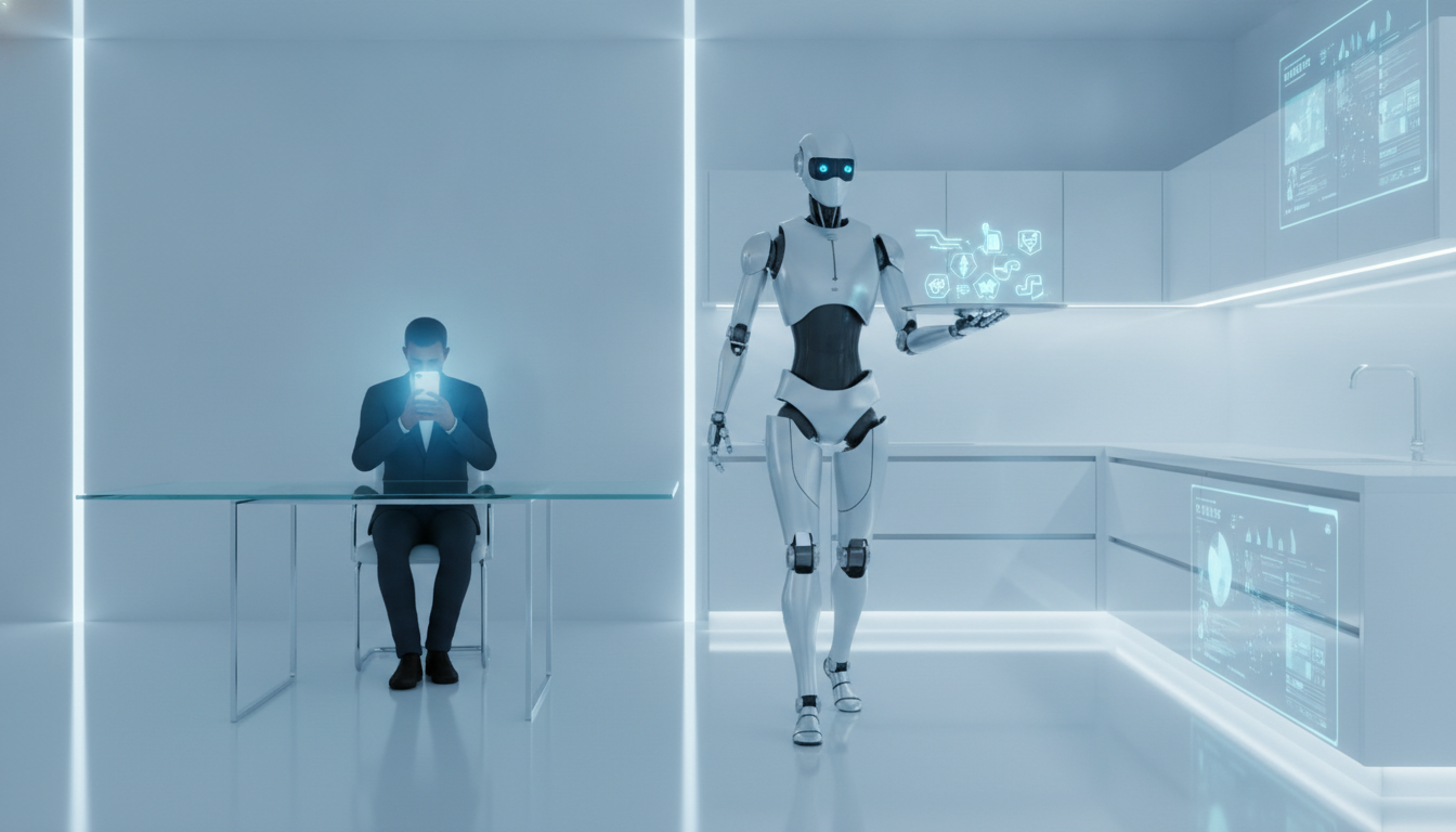 An illustration explaining what an API is, showing a robot waiter carrying data between a customer (an app) and a kitchen (a server).