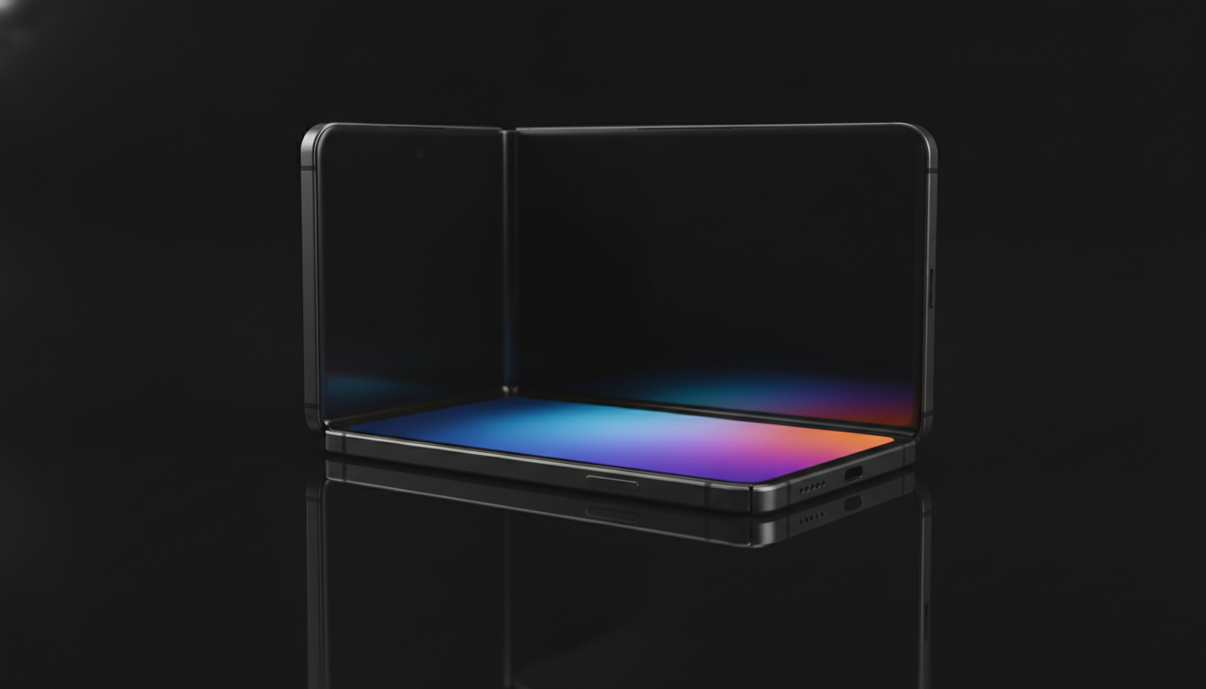 A sleek, semi-open foldable iPhone Ultra concept device showing its creaseless screen and premium design on a dark background.