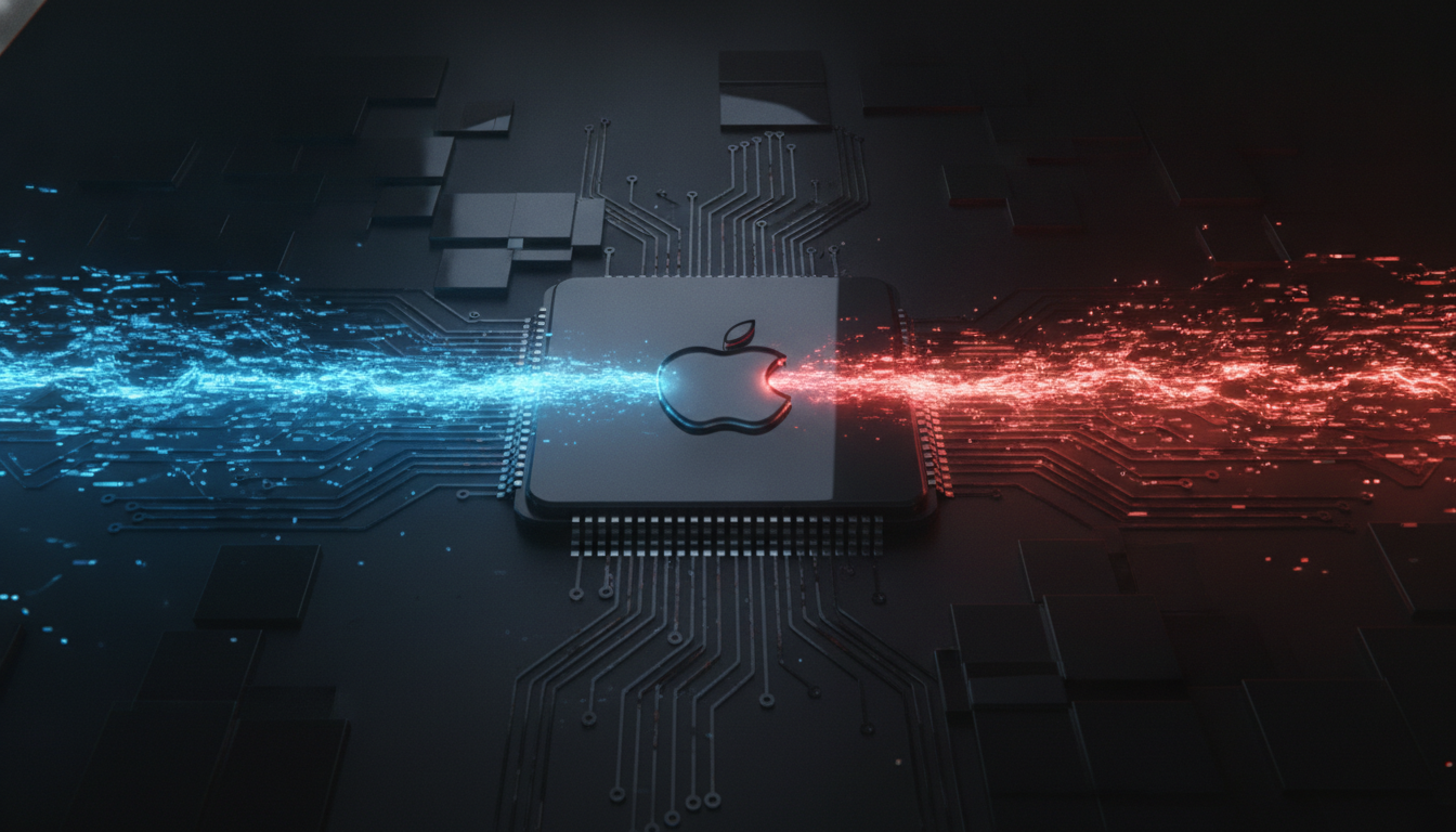 An abstract image representing the Apple Intelligence China partnership, with blue and red data streams meeting at a circuit board with an Apple logo.