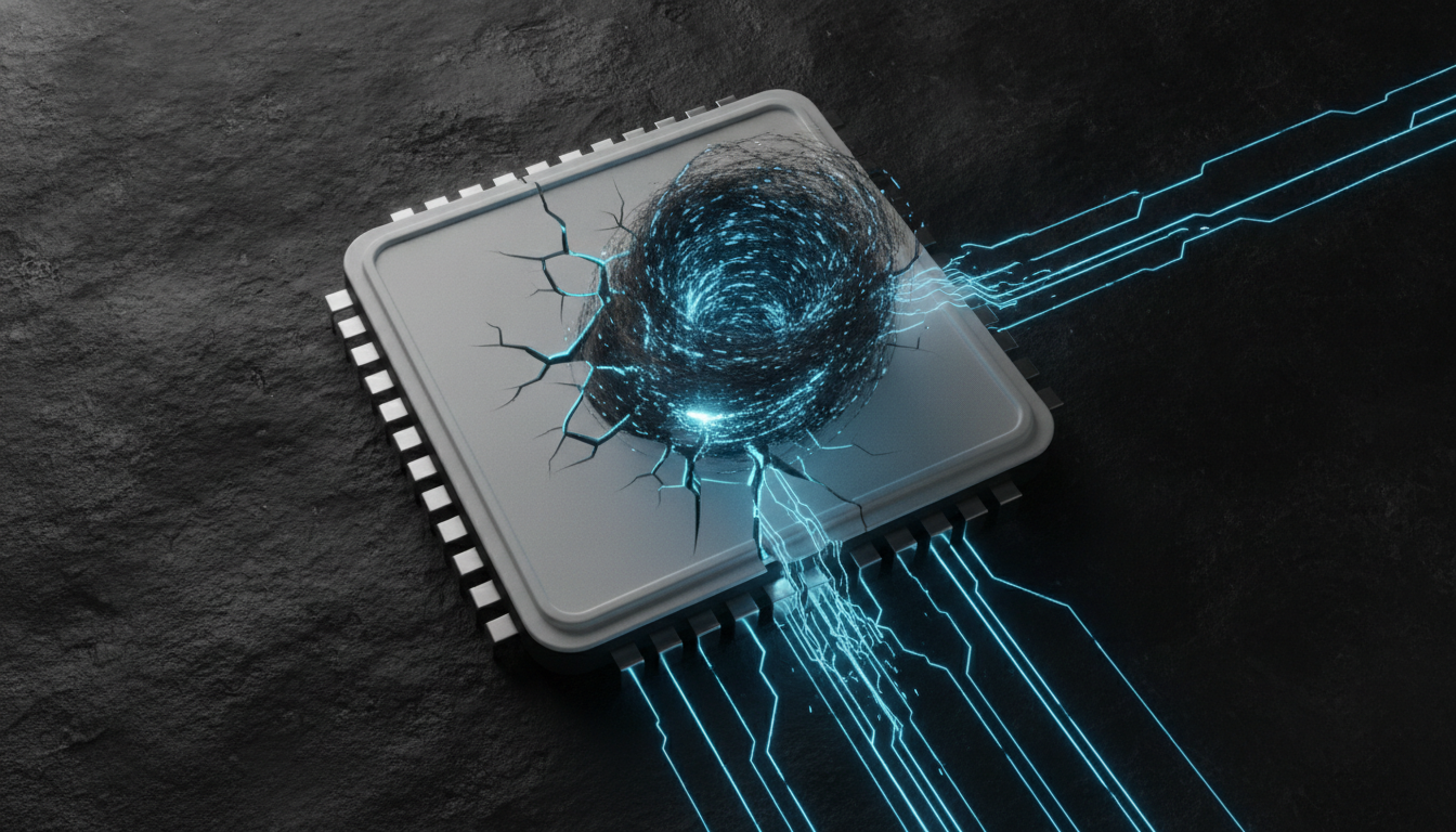 A photorealistic image of a cracked microchip, symbolizing the Apple sues OpenAI lawsuit over the alleged theft of trade secrets and proprietary technology.