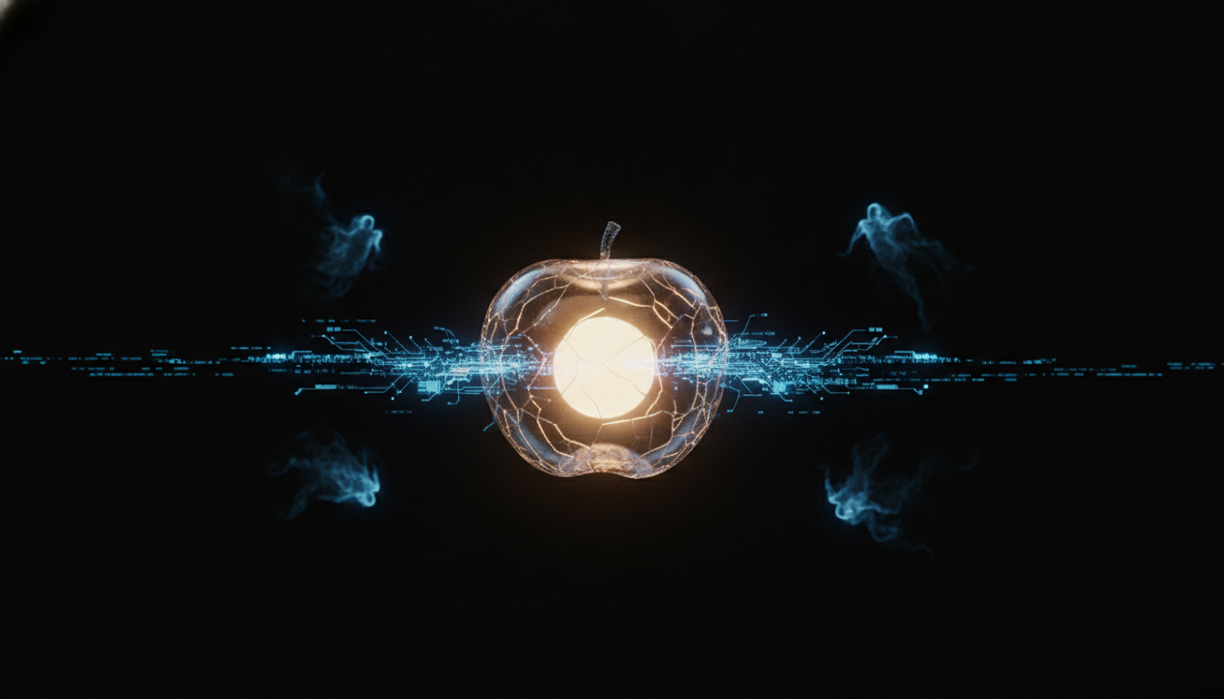 An abstract image representing the Apple sues OpenAI lawsuit, showing a glass apple cracking as digital secrets are stolen from it.