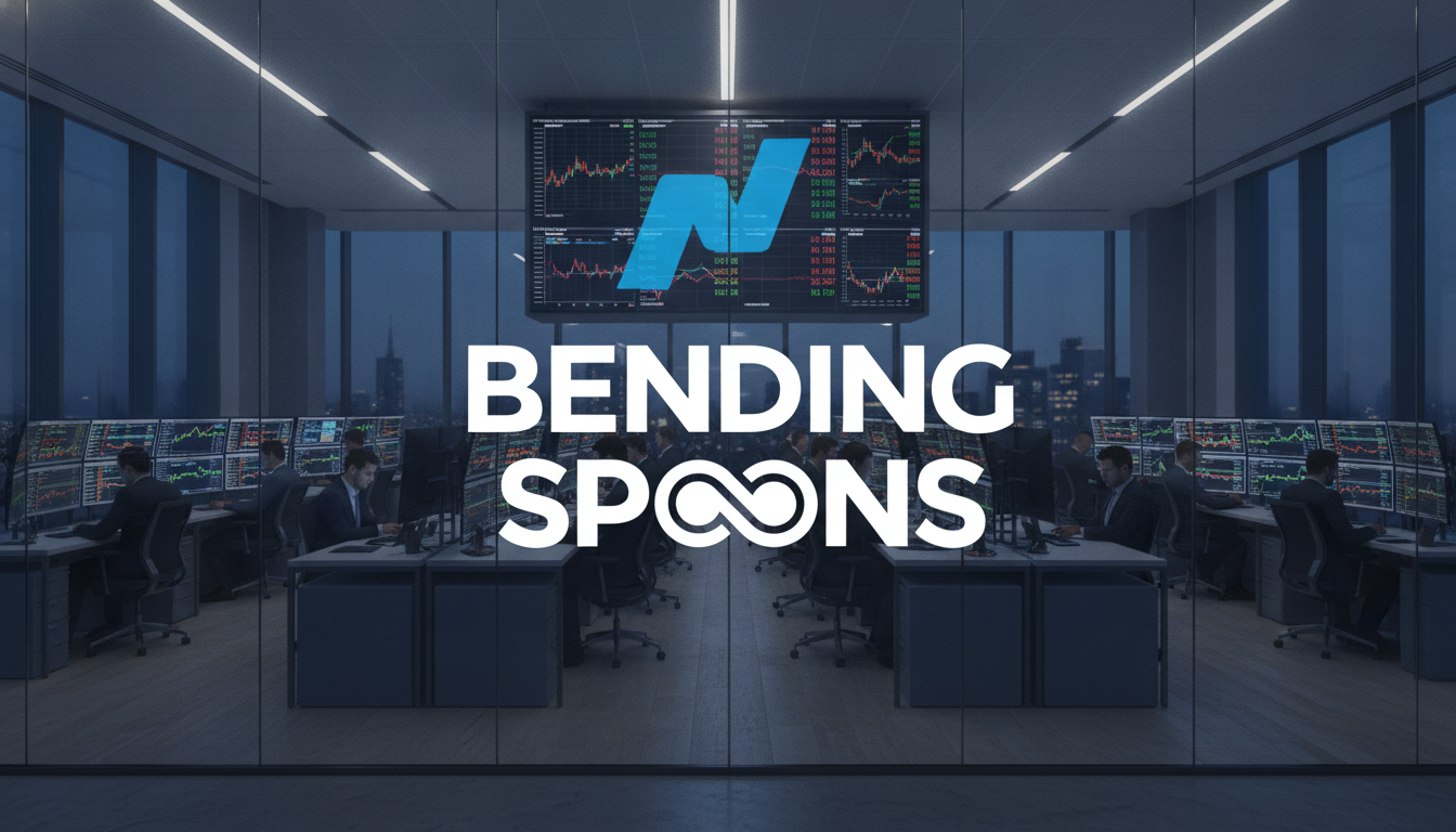 An espresso machine brews glowing app icons into a Nasdaq cup, symbolizing the Bending Spoons IPO and its strategy of acquiring tech brands.
