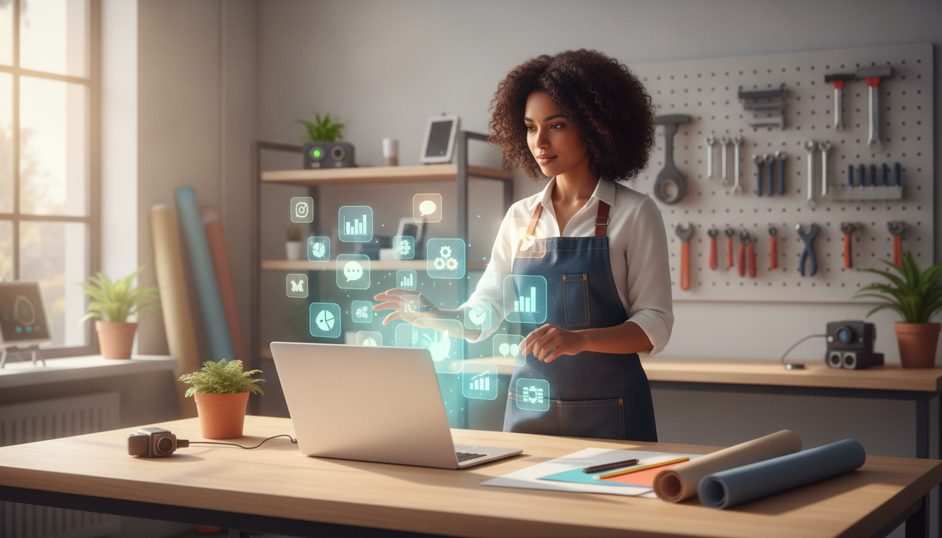 An illustration of a small business owner using a laptop with icons for the best AI tools for small business floating out to organize the office.