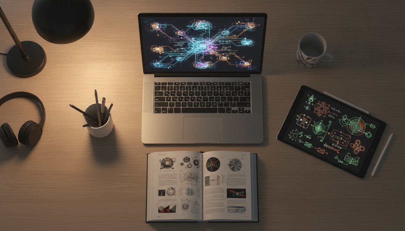 A student's desk with a laptop showing an AI-generated mind map, illustrating the use of the best AI tools for students to study effectively.