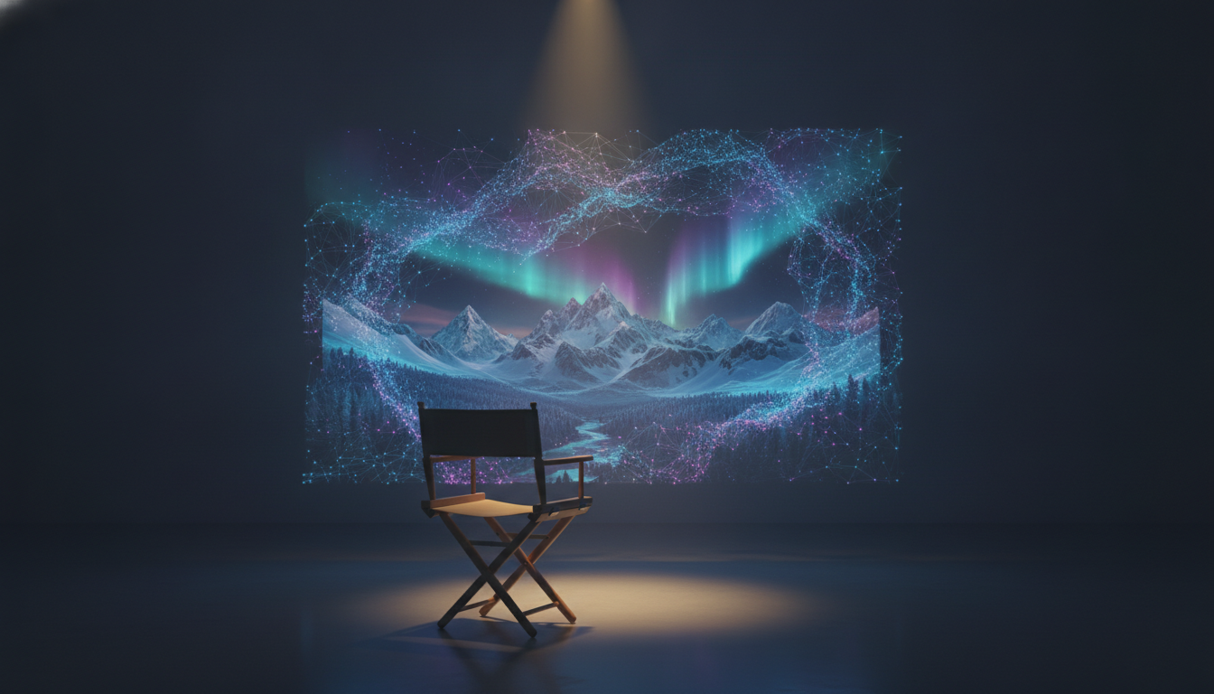 An illustration of a director's chair facing a glowing AI neural network, symbolizing the use of the best AI video generators for creative content.