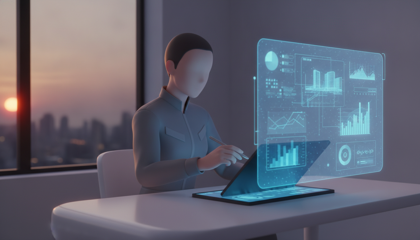 A content creator at a desk using a tablet to edit text suggested by a futuristic AI interface, representing the best AI writing tools for creative work.