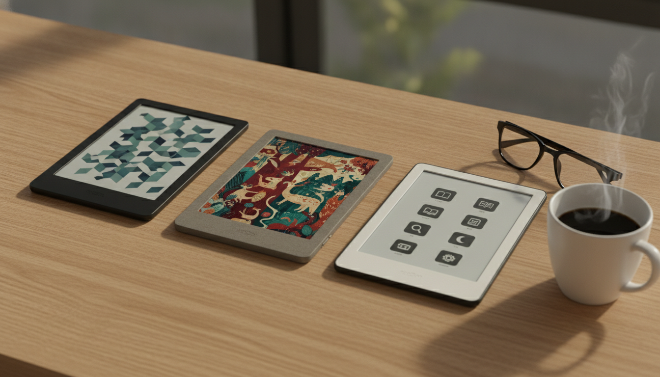 Three of the best e-readers compared—a Kindle, a Kobo, and an Android device—arranged on a desk, illustrating different user ecosystems.
