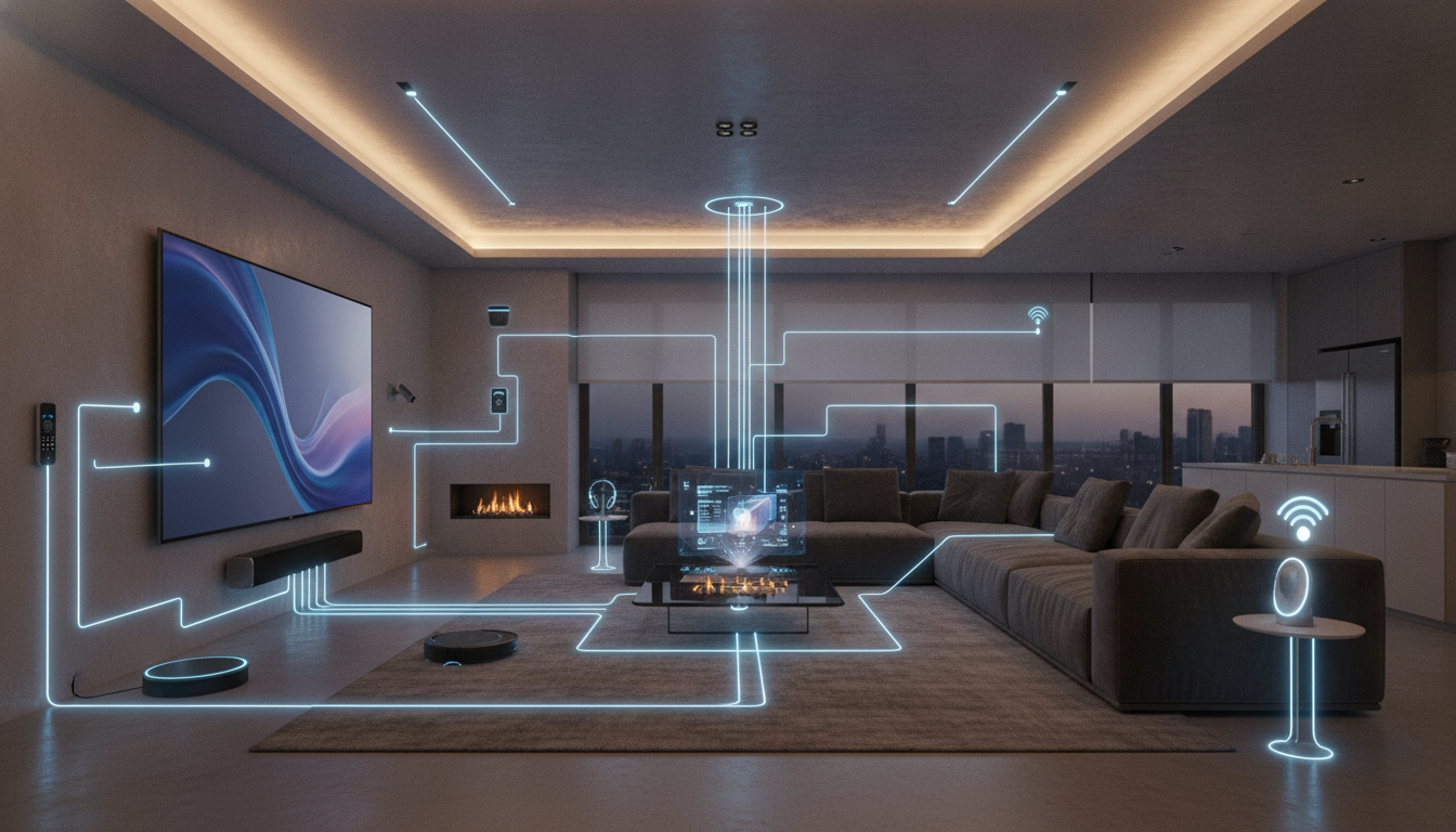 A cozy, modern living room with integrated smart home devices, including a smart speaker, subtle smart lighting, and a smart thermostat on the wall, suggesting effortless home automation.