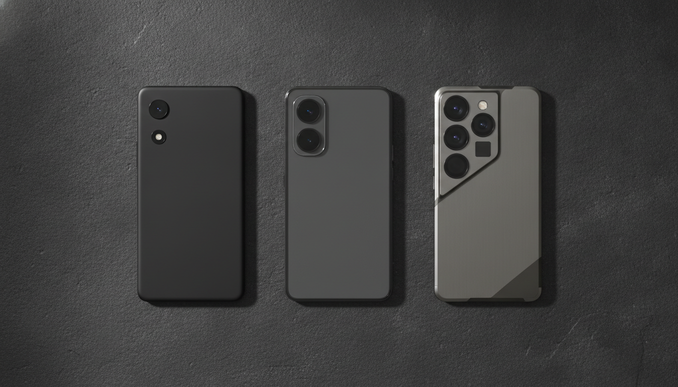 Three smartphones representing the best smartphones for every budget, arranged from a basic model to a premium flagship.