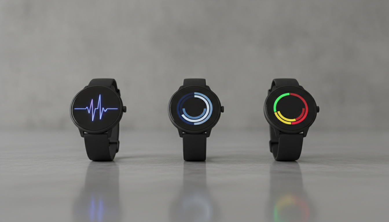 A comparison of the best smartwatches for health tracking, showing three devices displaying different health metrics like heart rate and sleep data.