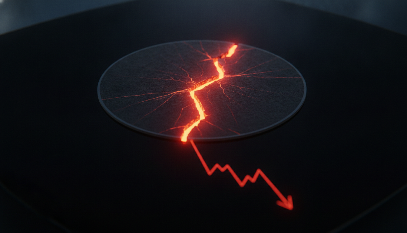 A cracked Cerebras wafer-scale chip, symbolizing the fall in Cerebras stock price and post-IPO struggles.