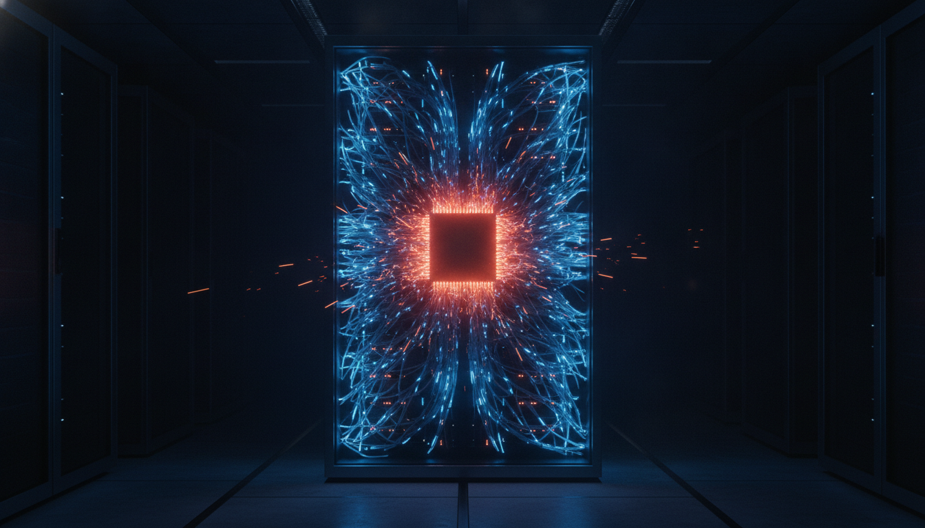An overheated server rack representing the Kimi K3 AI model's overwhelmed capacity, glowing with blue light in a dark room.
