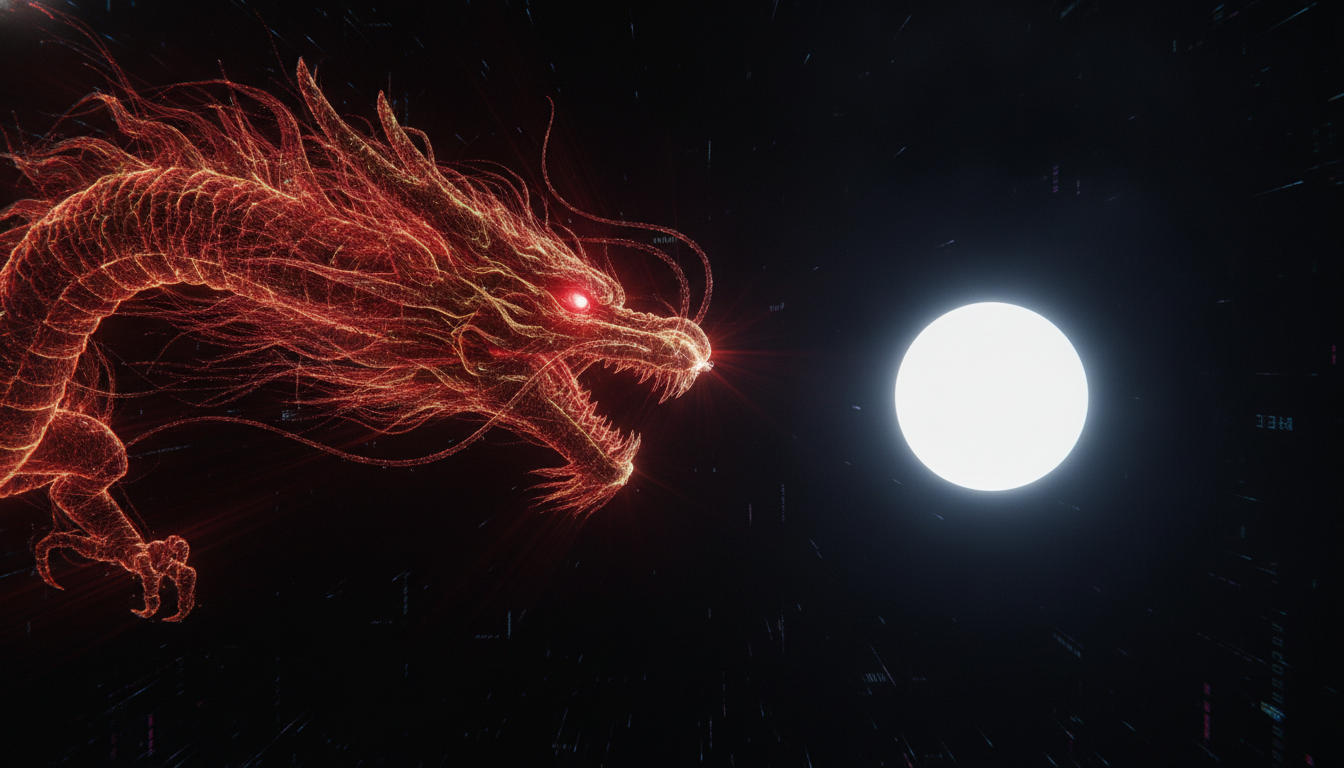 An abstract representation of the Kling AI funding story, showing a glowing Chinese dragon neural network confronting a Western AI sphere.