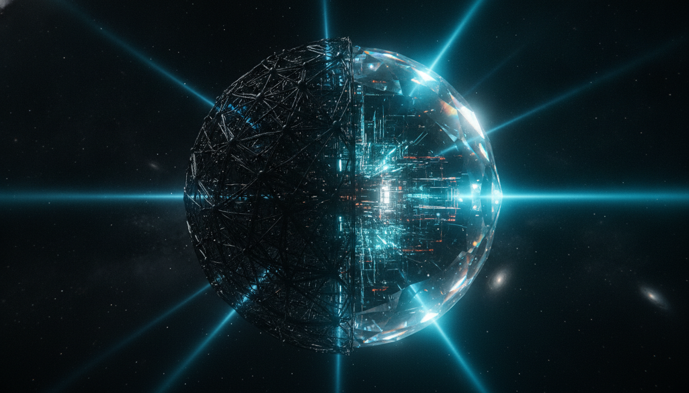 An abstract rendering of a massive spherical neural network, half dark and half glowing, representing the launch of the open-source Kimi K3 AI model.