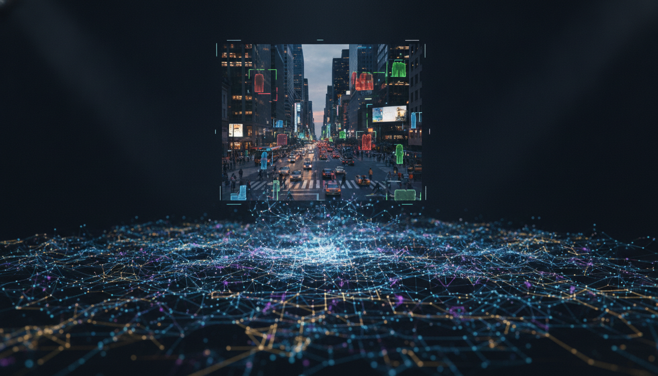 An abstract representation of computer vision explained, showing a neural network processing visual data into identified objects on a city street.