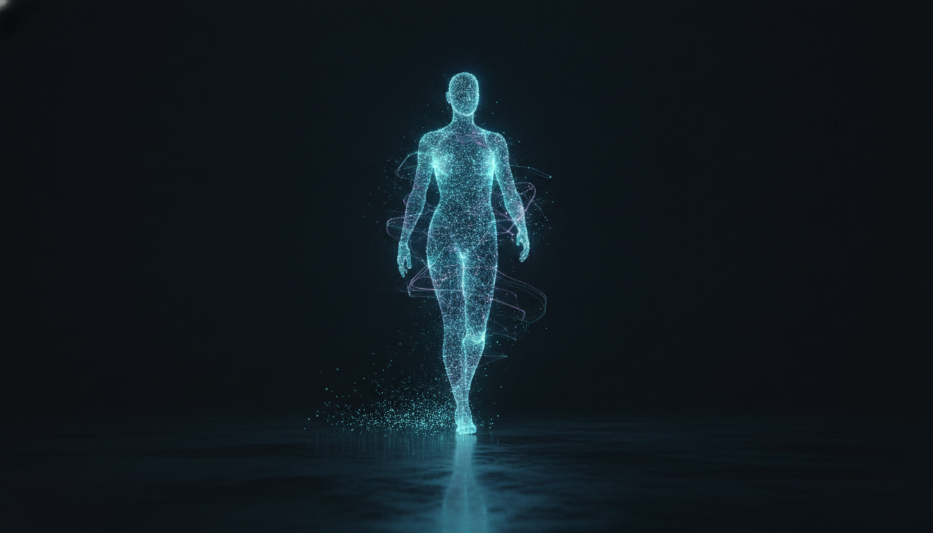 An abstract image representing a digital footprint, showing a glowing silhouette made of data points leaving a trail behind it.