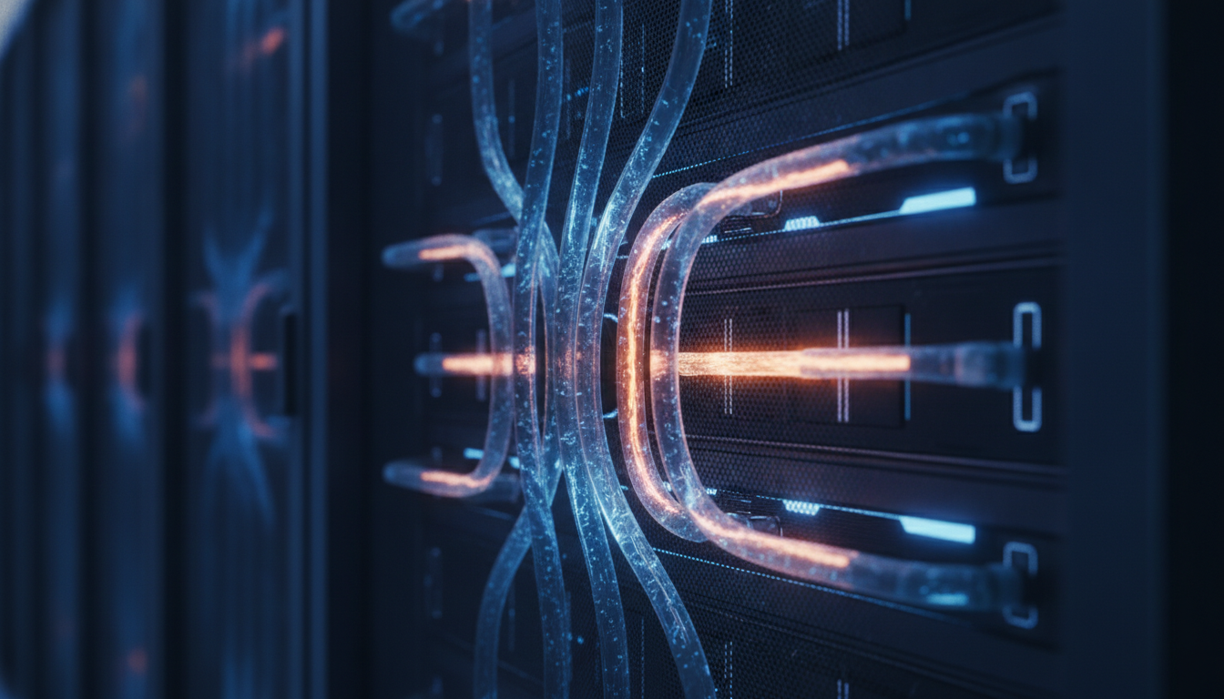 Advanced AI data center cooling technology, showing blue liquid-filled tubes running through a server rack to cool the powerful processors inside.
