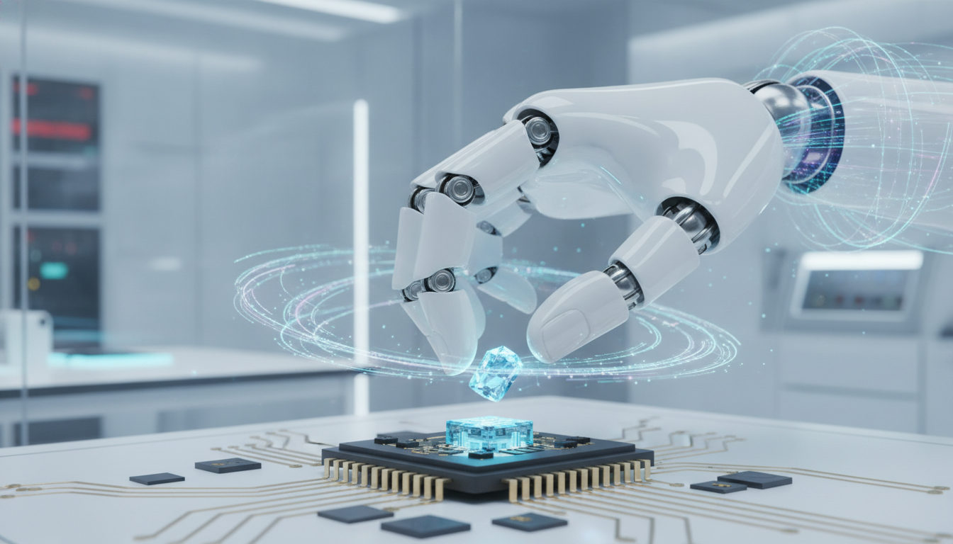 A detailed image of an advanced embodied AI model robot hand performing dexterous manipulation on small components.