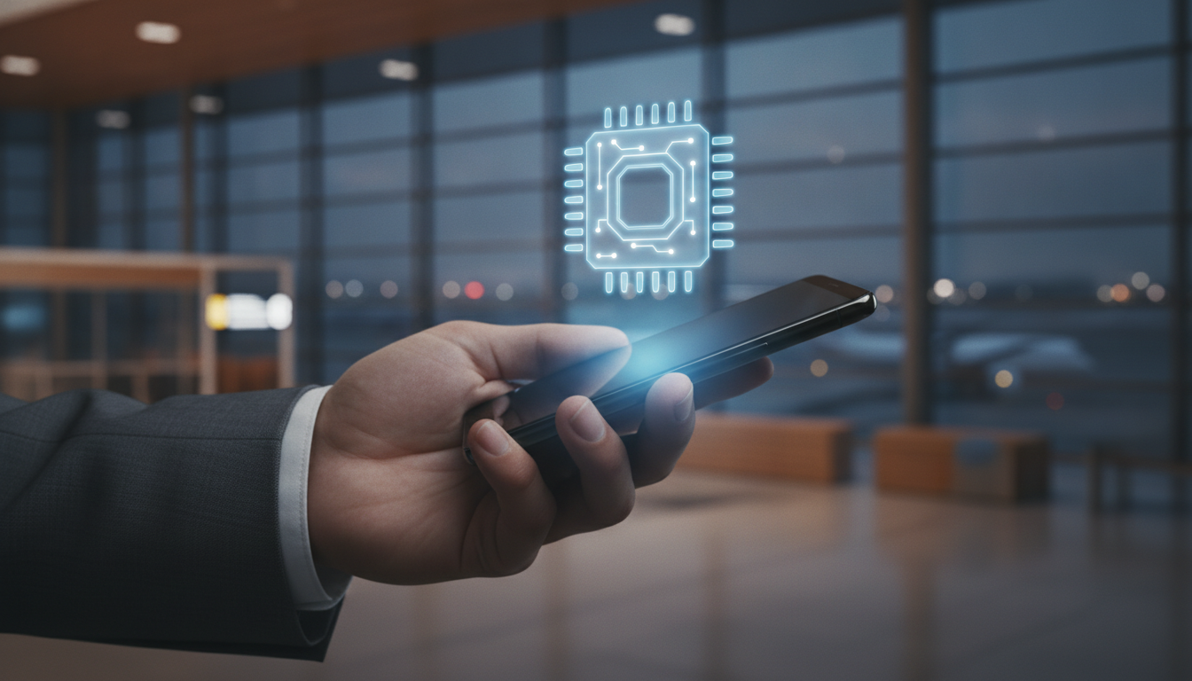 A smartphone displaying a glowing, digital eSIM icon, explaining what an eSIM is and its benefits for modern connectivity and travel.