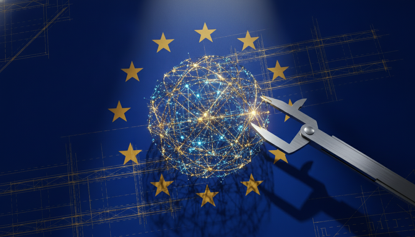 An illustration of the EU AI Act deadlines being adjusted, showing a blueprint of the EU flag with a glowing AI neural network at its center.