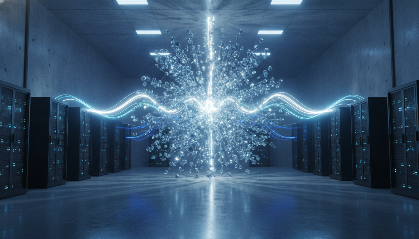 An abstract representation of the Fireworks AI funding, showing a custom enterprise AI model being constructed from data inside a secure server room.