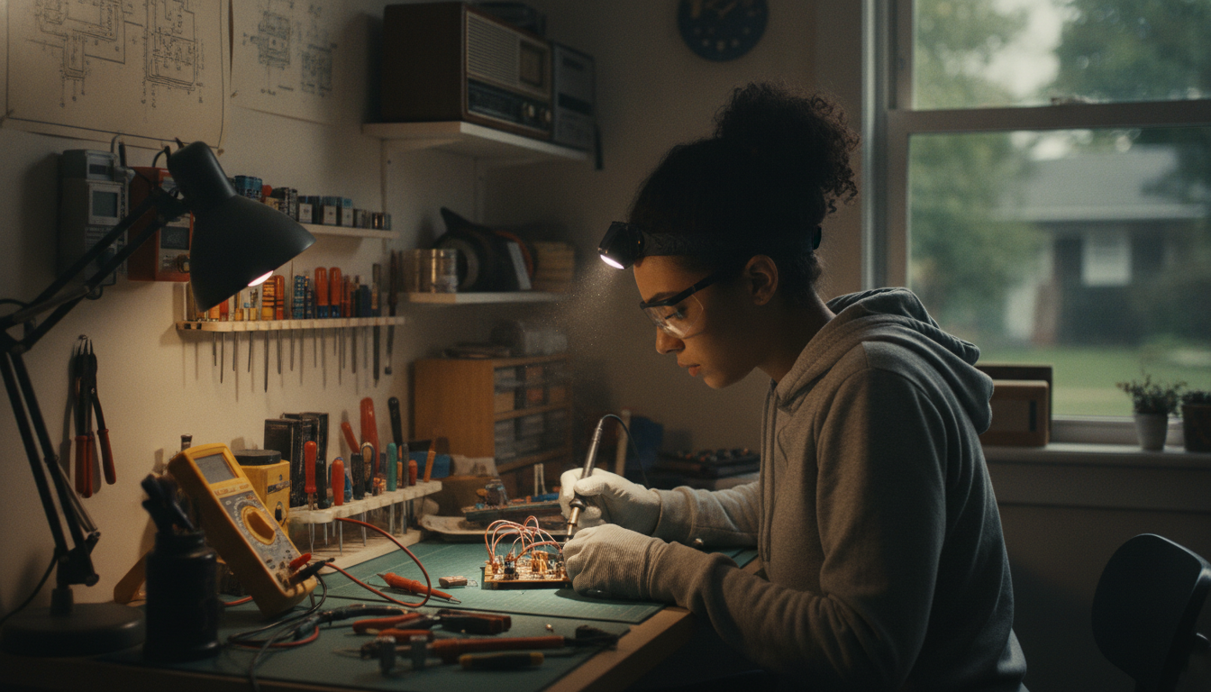 A meticulously crafted side project, a complex gadget, sits on a workbench illuminated by a single lamp, symbolizing the transition from a hobby to a business.