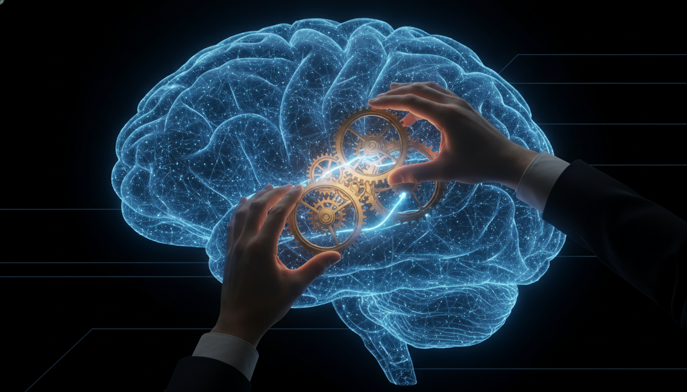 An illustration of a glowing AI brain whose inner workings are being secretly adjusted by hands, representing the concept of steered AI output.