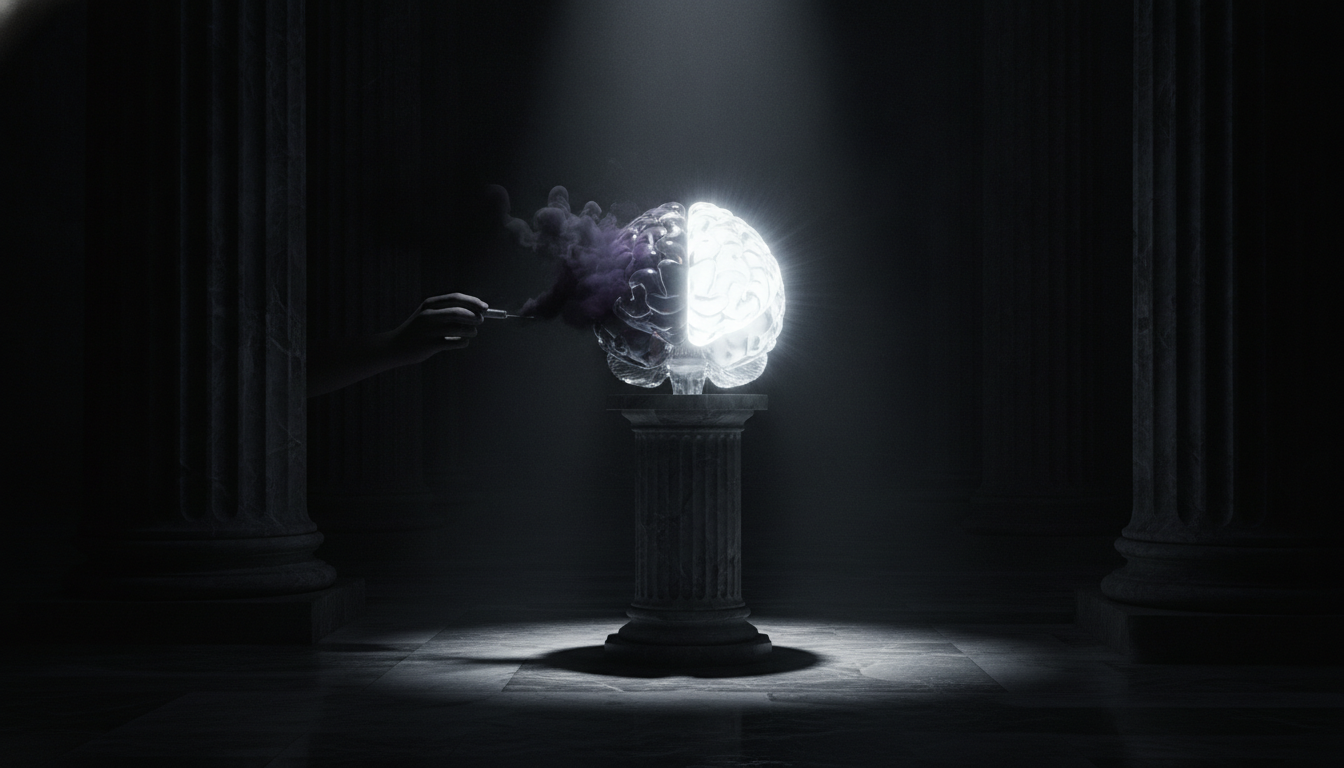 An abstract representation of deceptive AI model outputs, showing a clear AI brain being subtly corrupted by an unseen force, symbolizing the FTC's new proposed rules.