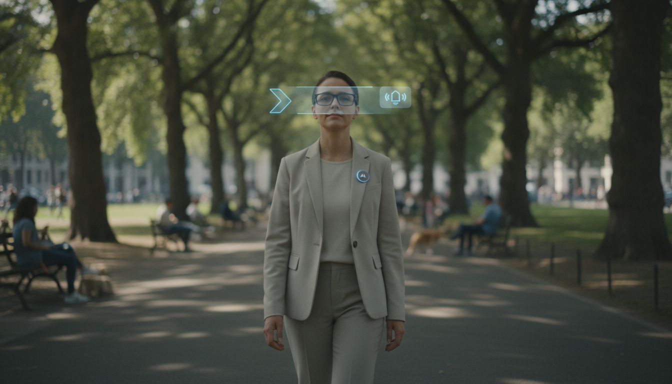 A person in a park wearing smart glasses and an AI pin, experiencing seamless digital overlays in their environment without a smartphone.