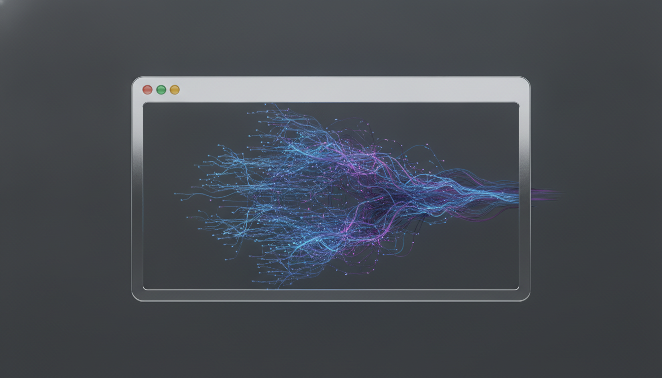 An abstract image representing the future of web browsers, showing a browser window transforming into an intelligent AI network.