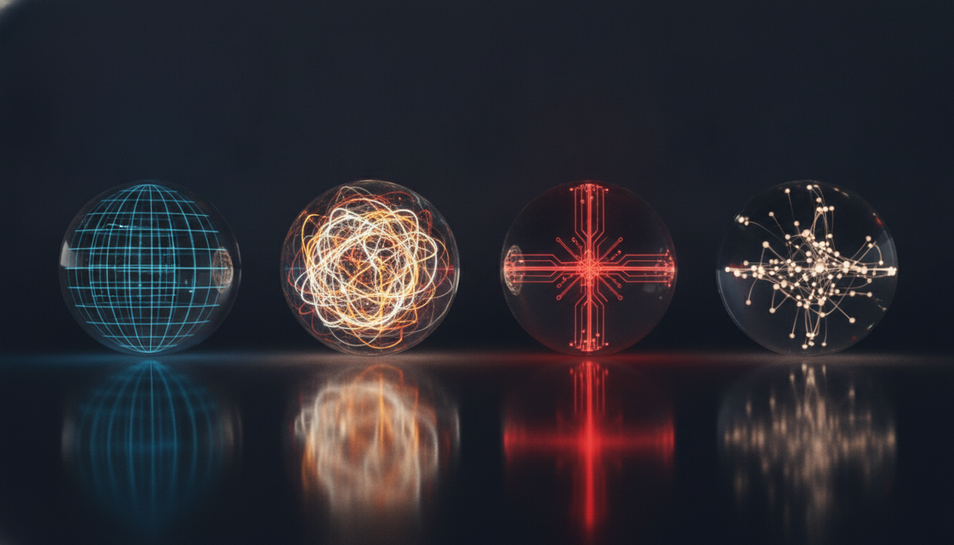 An abstract representation of global AI regulation, showing four glass spheres with different internal network patterns symbolizing the EU, US, China, and UK approaches.
