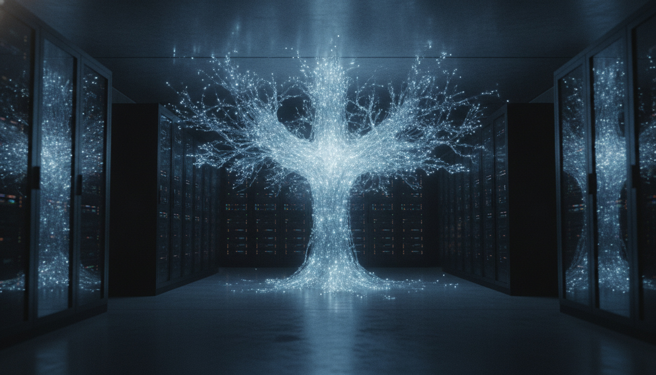 A 3D illustration of a complex, glowing algorithmic structure inside a server room, representing the AI-powered design of Google's AlphaEvolve.
