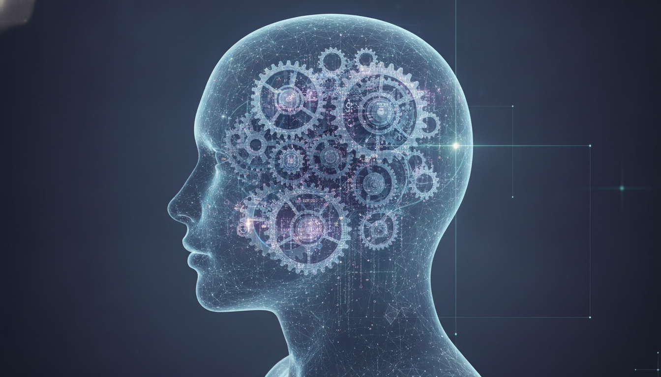 An illustration of a human head in profile, with a glowing neural network pattern showing how large language models work through pattern prediction instead of human thought.