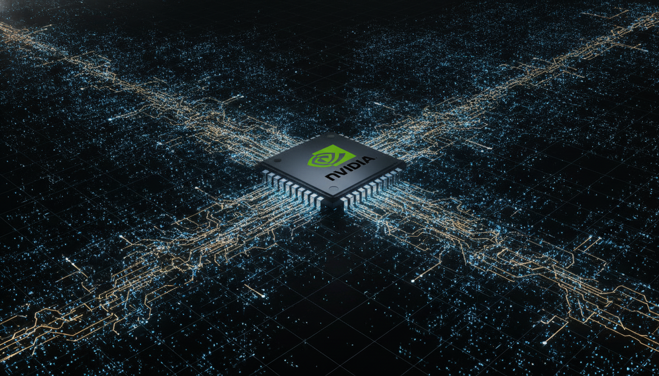 An illustration showing how Nvidia became important in AI, with a glowing GPU at the center of a vast digital neural network.