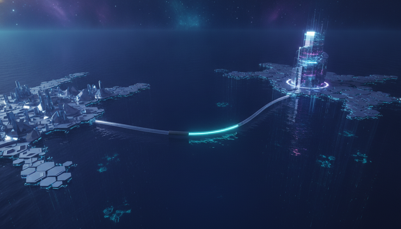 An abstract visualization of how the internet works, showing a glowing data packet traveling through an undersea fiber-optic cable between continents.