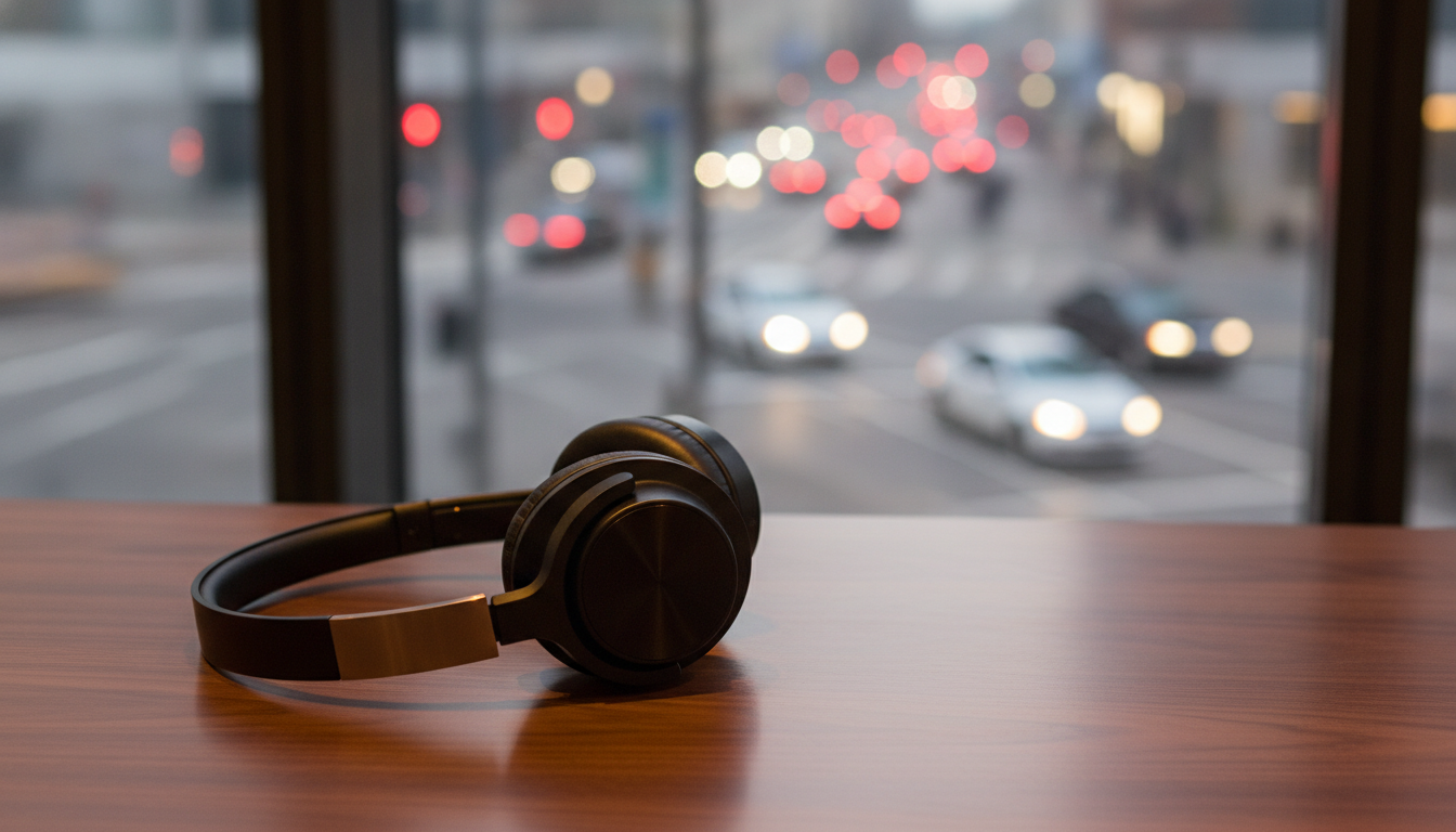 A close-up of a pair of noise-cancelling headphones on a desk, with a blurred city scene outside the window, illustrating how to choose noise cancelling headphones.