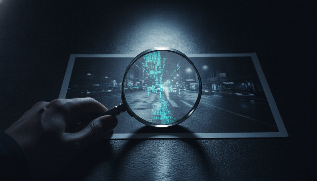 An illustration of a detective analyzing digital text and images for signs of AI generation, a key theme in this AI content detector guide.
