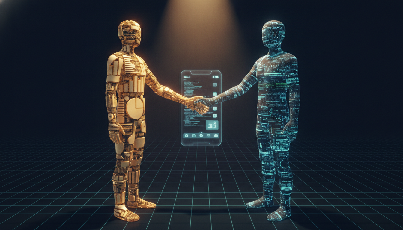 An illustration showing a business-focused founder and a technical founder shaking hands, symbolizing the process of how to find a technical co-founder.
